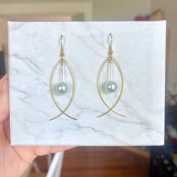 Gold Fish Earrings with Hanging Aqua Faux Pearl Bead - Picture 2 of 3